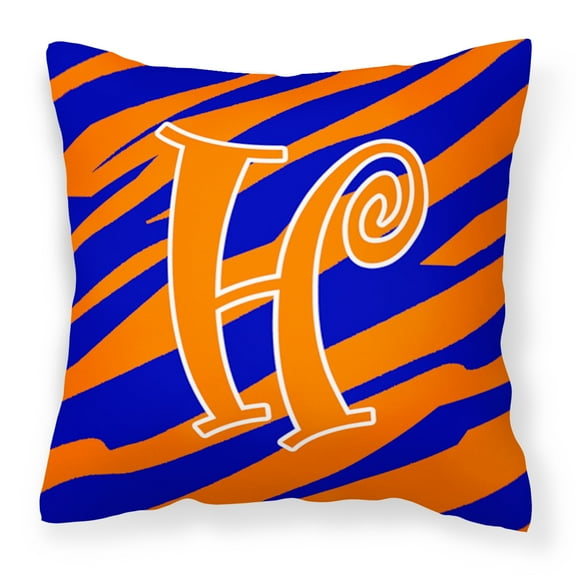 Letter H Initial Tiger Stripe Blue and Orange Fabric Decorative Pillow