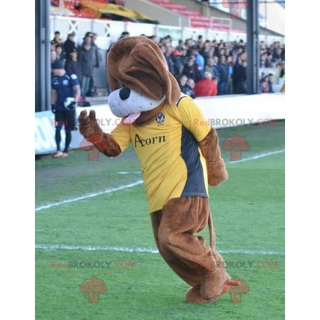 Brown dog REDBROKOLY mascot with a yellow t-shirt