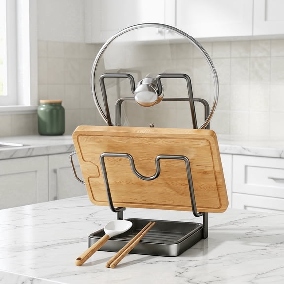 DEDRFU Kitchen Pot Lid Storage Rack, 304 Stainless Steel Pot Lid Holder While Cooking, Multifunctional Kitchen Pot Cover Organizer for Countertop, With Removable Drip Tray