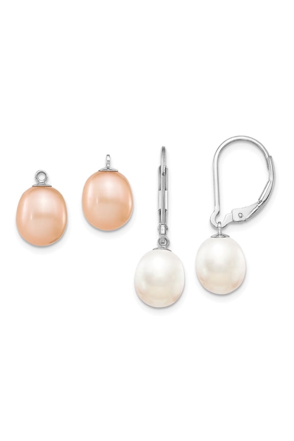 925 Sterling Silver Rhod 7-8mm FWC Pearl Leverback 2pc Enhancer Set; for Adults and Teens; for Women and Men