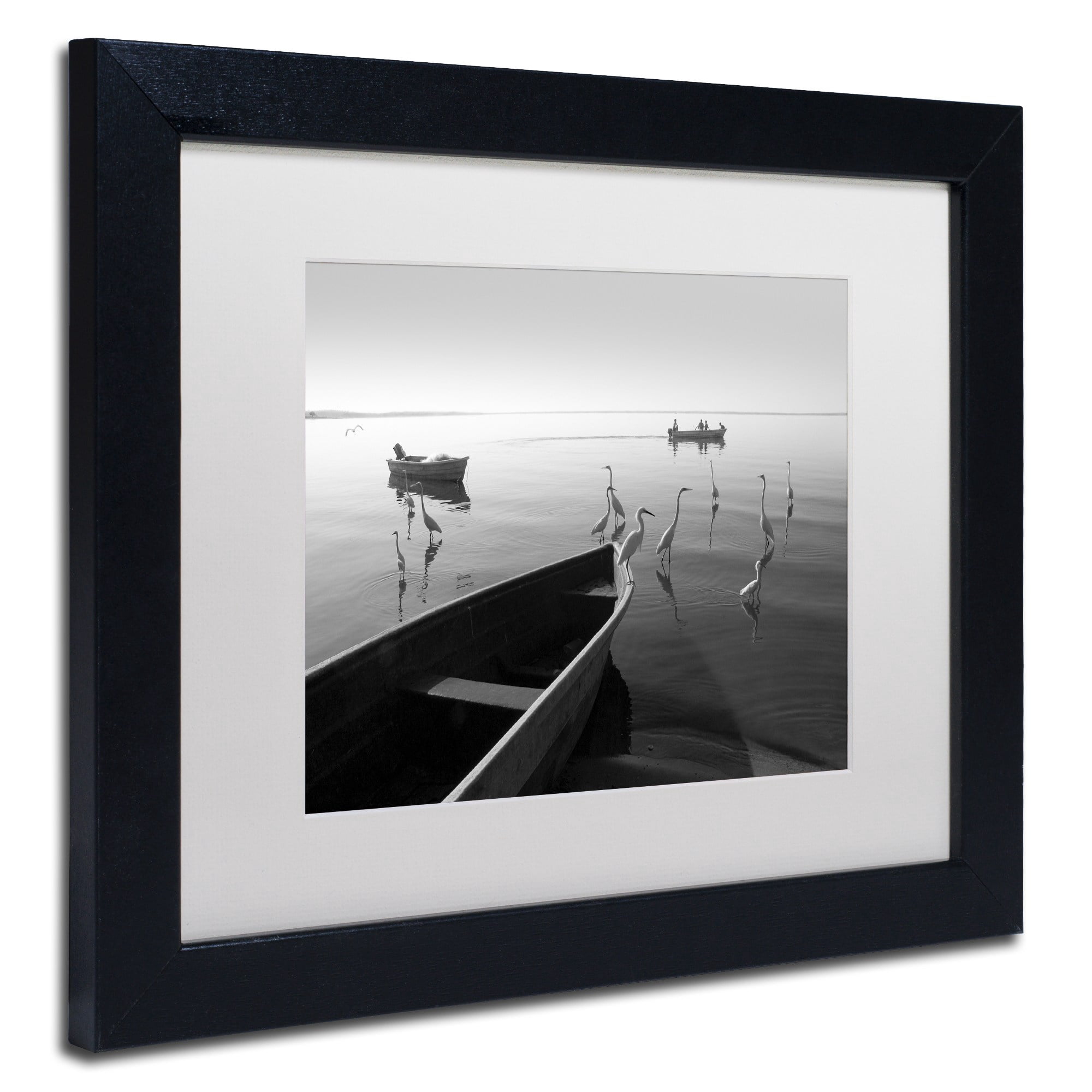 Trademark Fine Art "Herons and 3 Boats" Canvas Art by Moises Levy White Matte, Black Frame
