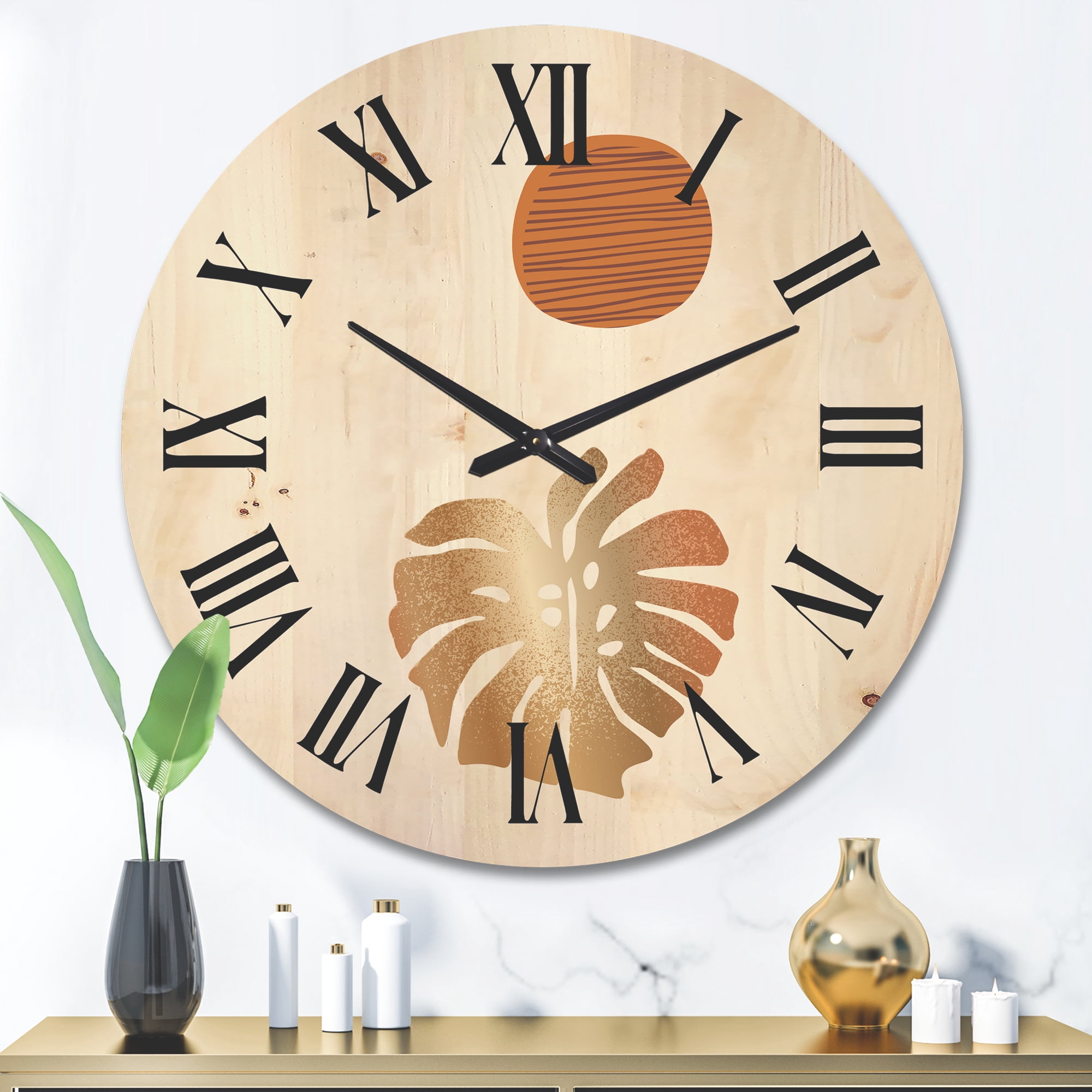 Designart 'Abstract Geometry Shapes and Tropical Palm Leaf II' Modern Wood Wall Clock