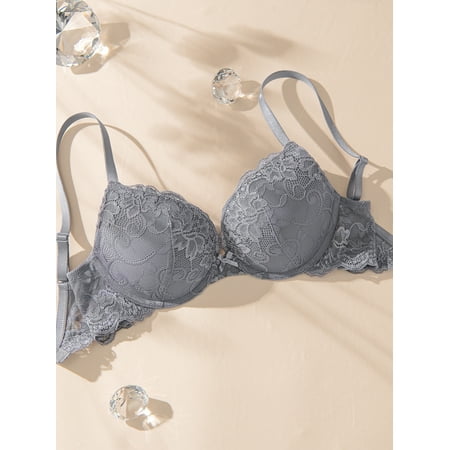 Deyllo Women s Lace Push Up Padded Plunge Add Cups Underwire Lift Up Bra  Unique Gray 38D