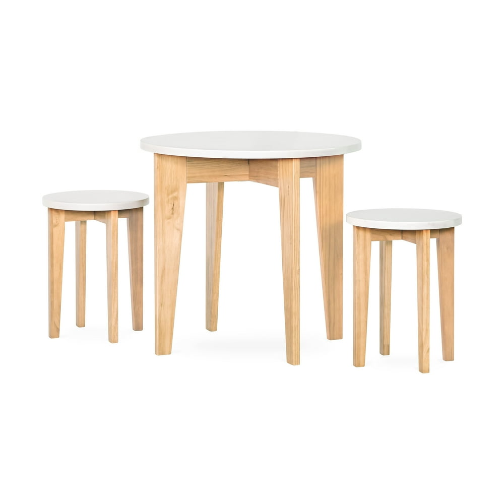 Forever Eclectic Geo Kids Round Wood Table and Chair Set (2 Stools Included), White/Natural