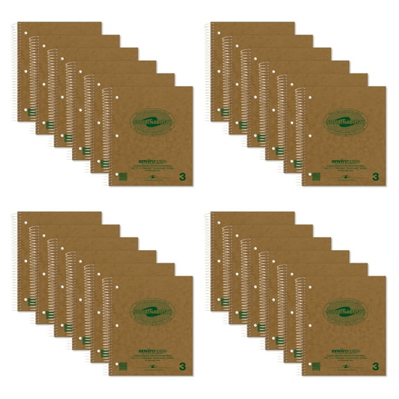 Roaring Spring Recycled Spiral Three Subject Notebooks, 11"x9", 100 Sheets, College Ruled, 24 Notebooks