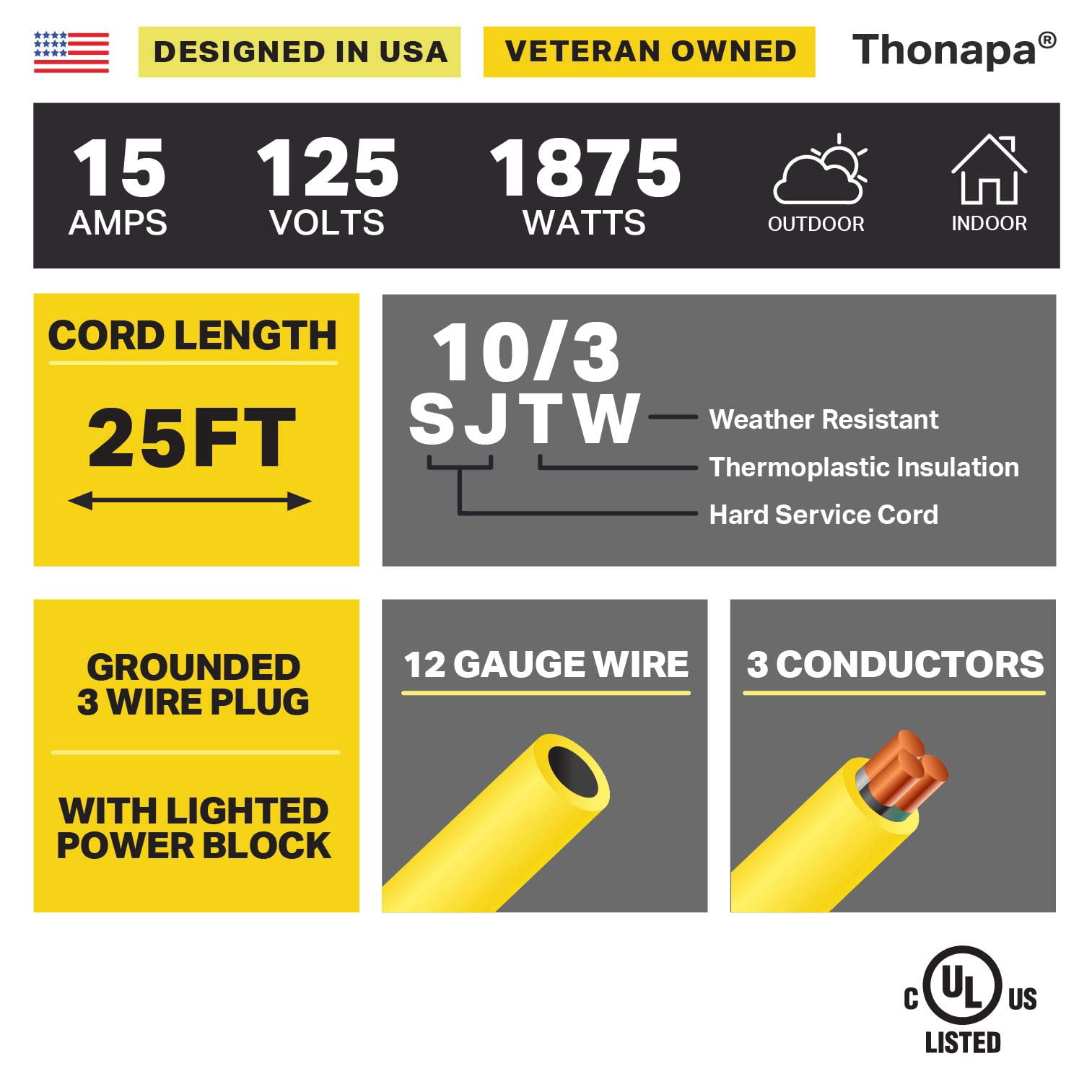 Thonapa 10 Gauge Extension Cord 25 Ft with 3 Outlets, 10/3 Heavy Duty Extension Cord with Multiple Outlets 3 Prong, SJTW Weatherproof Industrial Outdoor Electric Cable Yellow for Major Appliances