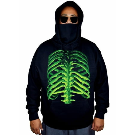 Men's Green Glowing Skeleton Halloween Black Mask Hoodie Sweater Small Black