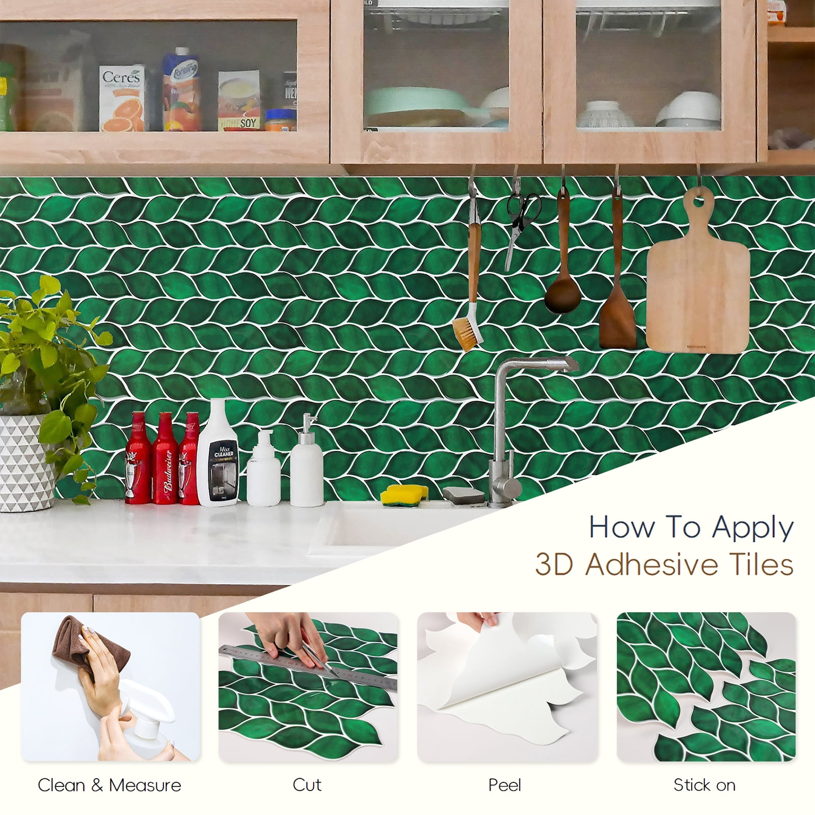Peel and Stick Backsplash Leaf Tile, 10-Sheet Self-Adhesive Kitchen Backsplash Stick on Wall Tiles for Bathroom