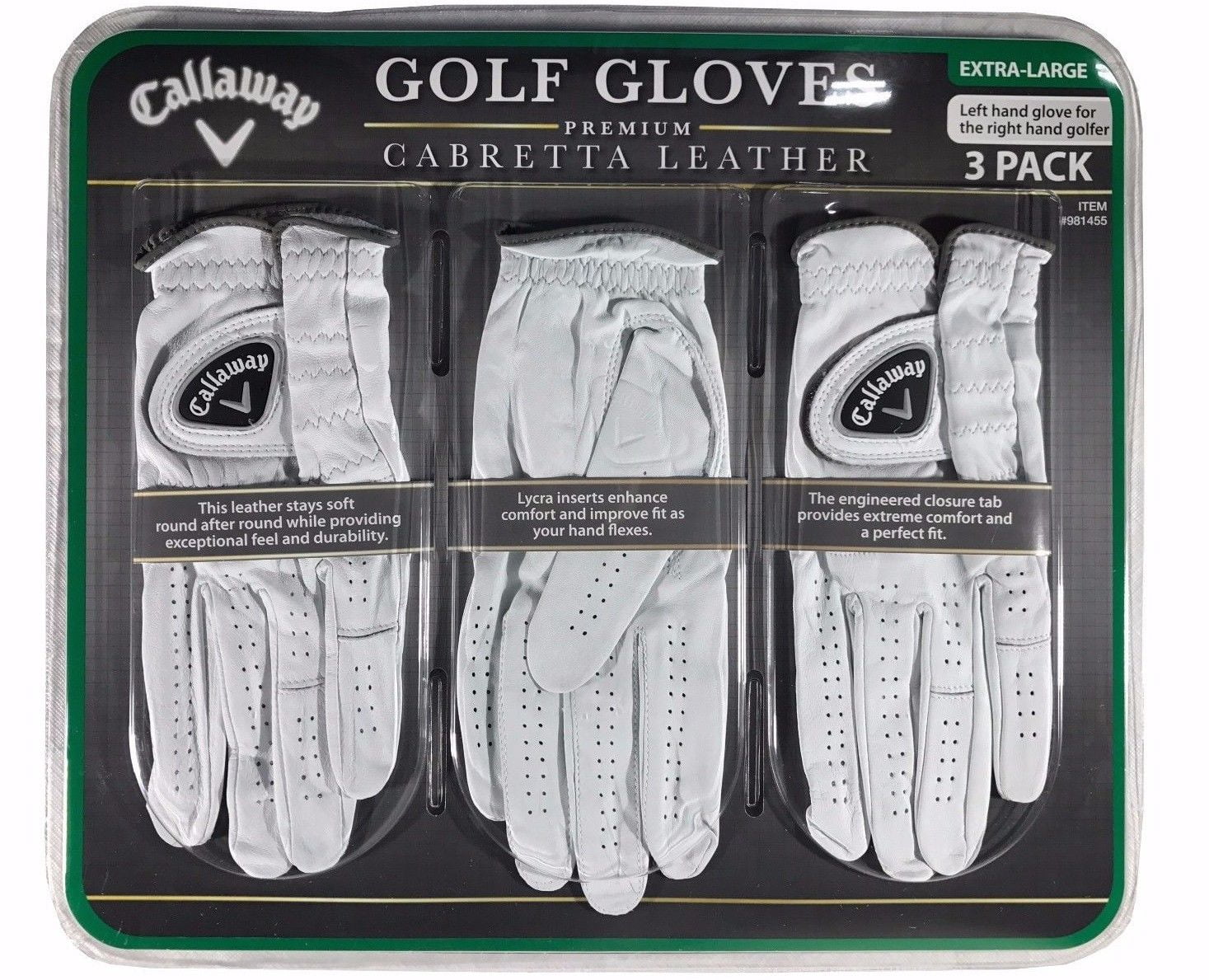 Callaway Golf Gloves Premium Cabretta Leather 3 Pack for Left Hand