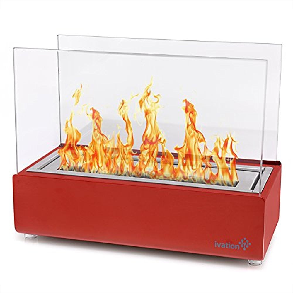 Ivation Vent less Compact Tabletop Fireplace â€“ Red Stainless Steel Portable Bio Ethanol Fire