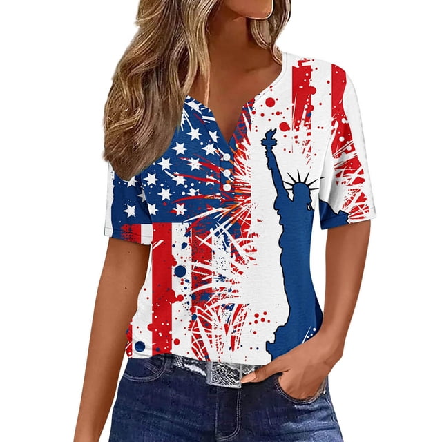Camisetas de Verano de Manga Corta de las Mujeres, Día de la Independencia Informal Impreso, Top con Cuello en V para las Mujeres