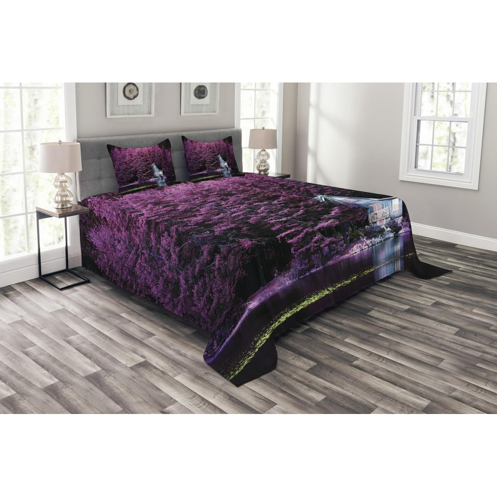 Lavender Bedspread Set King Size, Purple Trees by a Lake with Blue