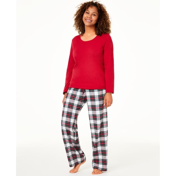 Pyjamas Familiaux pour Femmes Ensemble de Pyjamas en Tricot à Carreaux Stewart (Blanc, TTG)