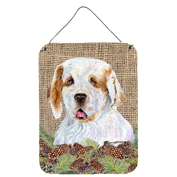 Clumber Spaniel on Faux Burlap with Pine Cones Wall or Door Hanging Prints