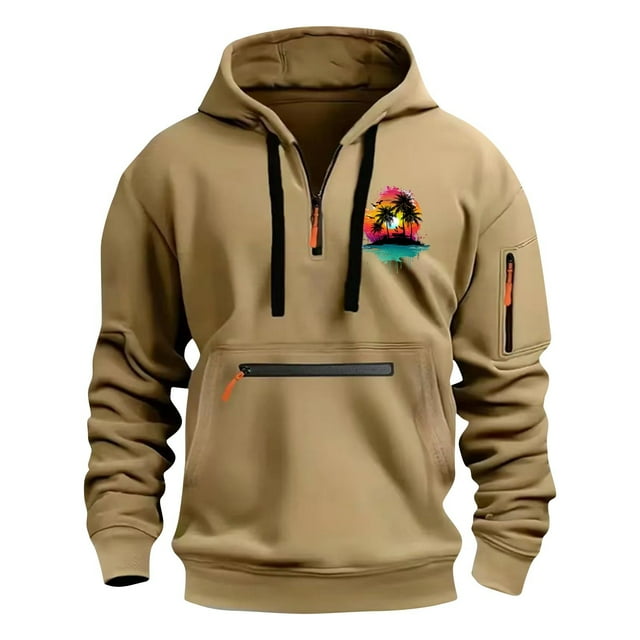 Styesk Sweatshirts for Men Men's Spring And Fall Printed Hooded Sweatshirt Zipper Multi-Pocket Pullover Sweatshirt