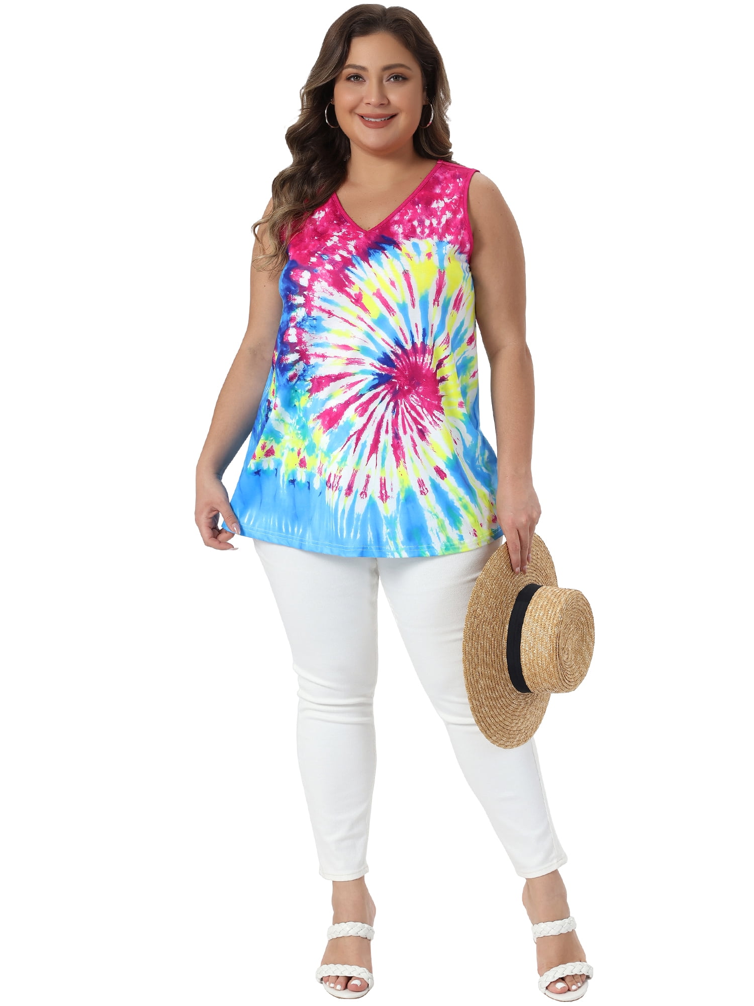 DARING DIVA Women's Plus Tie Dye Sleeveless Tank Top Casual Summer Tops and Tees 2X Blue