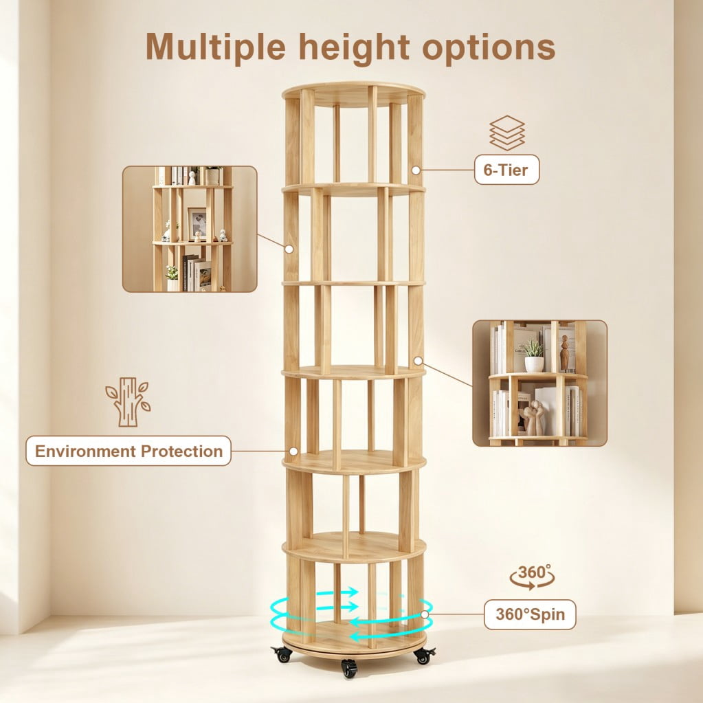 6-Tier Rotating Bookshelf, Solid Wood Spinning Bookcase Tower with Locking Wheels, 360° Display Round Bookshelf for Small Spaces, Natuarl