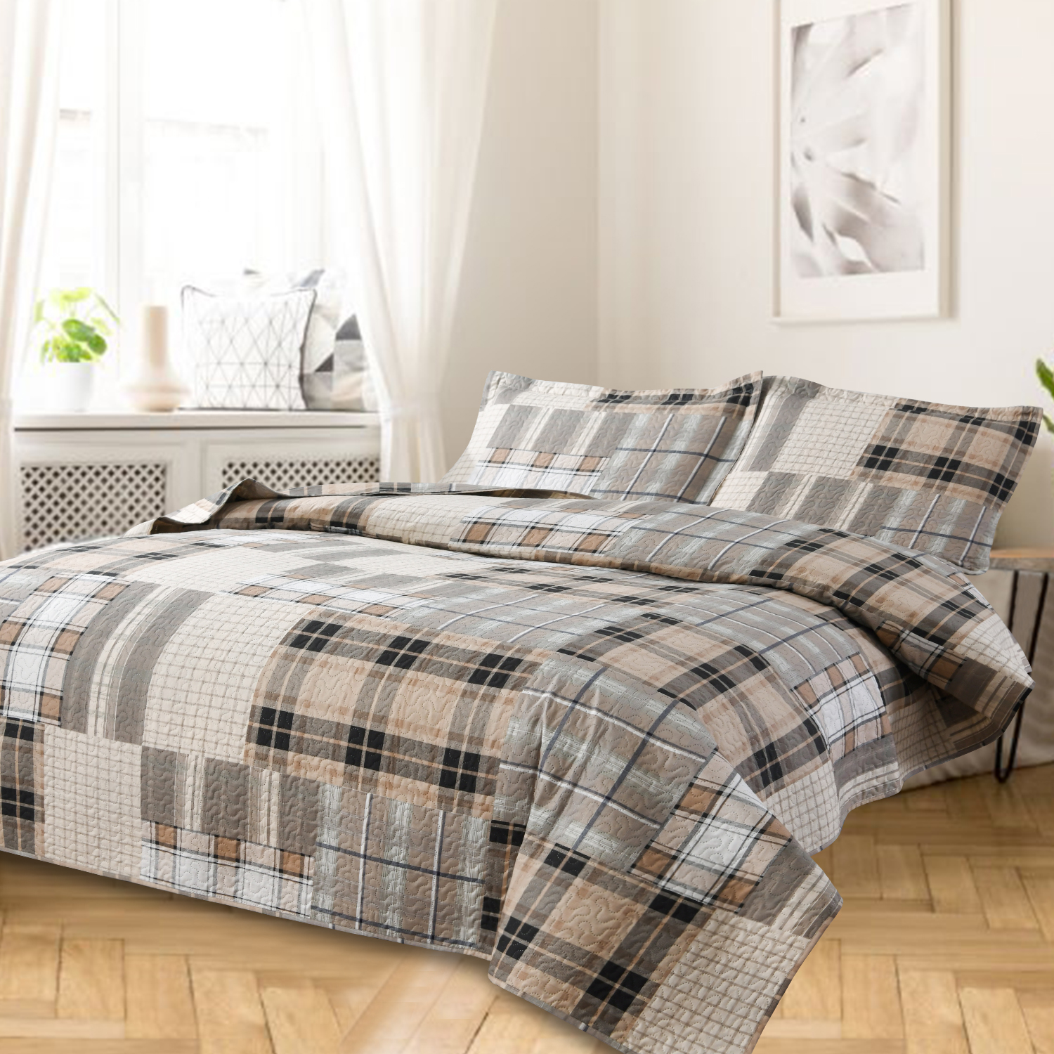 Kebury Plaid Quilt Set King Size Microfiber Ultra Soft Bedspread Ligthtweight Bedding Brown Coffee Quilt Coverlet Collection for Bedroom (1 Quilt, 2 Pillow Shams)