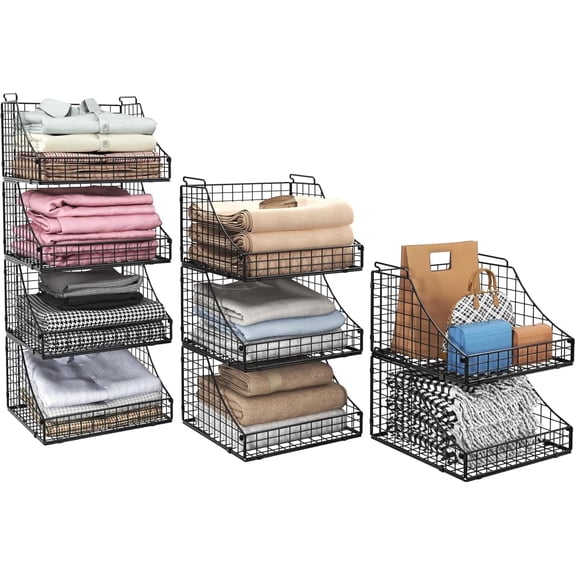 X-COSRACK 4-Pack Stackable Wire Storage Baskets, Heavy Duty Metal Open Front Closet Organizer Foldable Bins, Black