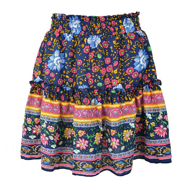Falda con dobladillo con volantes para mujer, falda corta étnica elástica con estampado Floral para verano, primavera, otoño, azul marino L