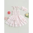 thumbnail image 2 of Wassery Toddler Kids Girls Dress Flower Print Tie Knot Straps Sleeveless Sling Dress 12M 18M 24M 2T 3T 4T 5T Infant Girls Summer Casual Ruffles Dress with Headband, 2 of 8
