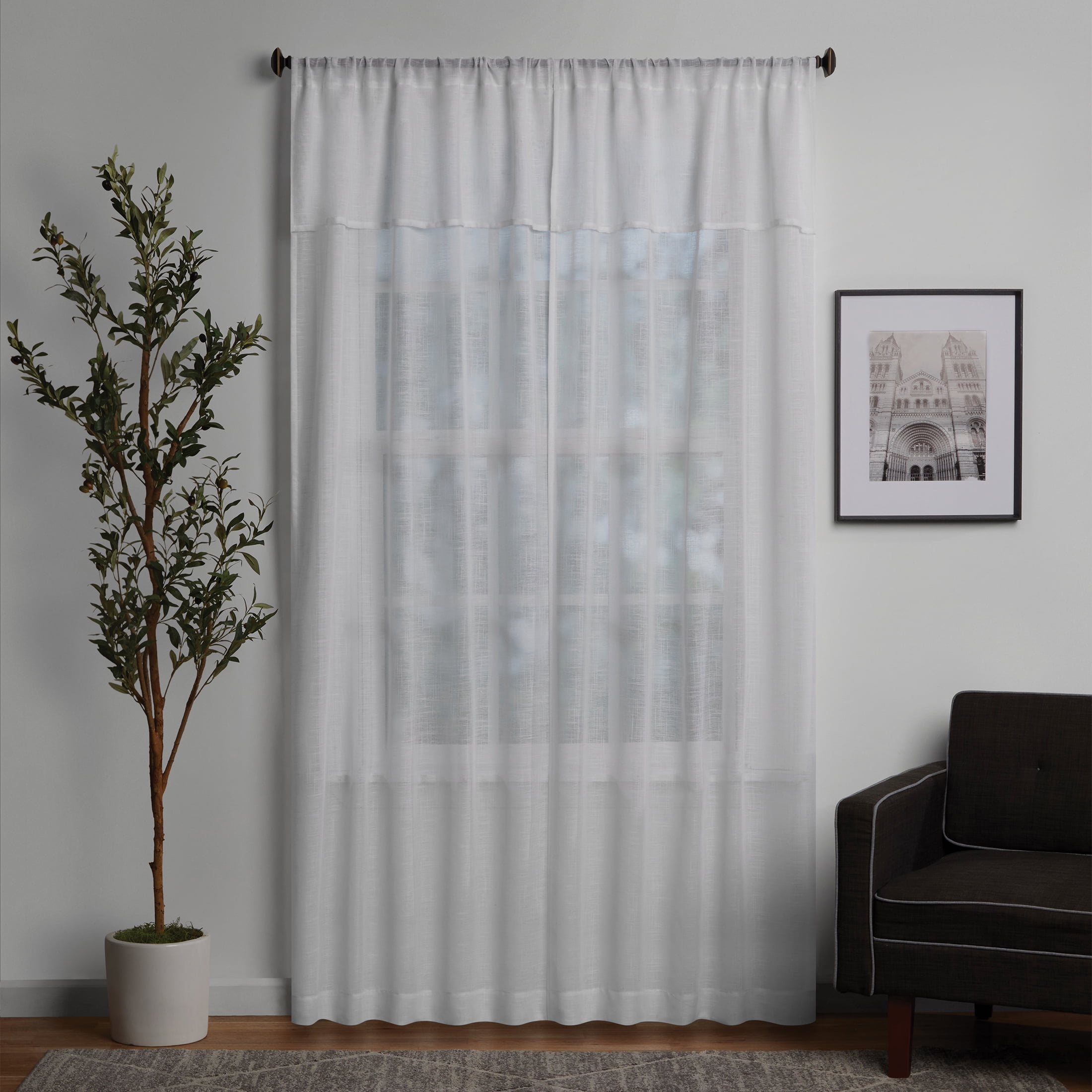 Mainstays Sheer Curtain Panel Pair with Attached Valance, Set of 2, White, 37"W x 84"L