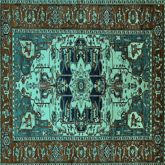 Ahgly Company Machine Washable Indoor Square Oriental Turquoise Blue Industrial Area Rugs, 3' Square