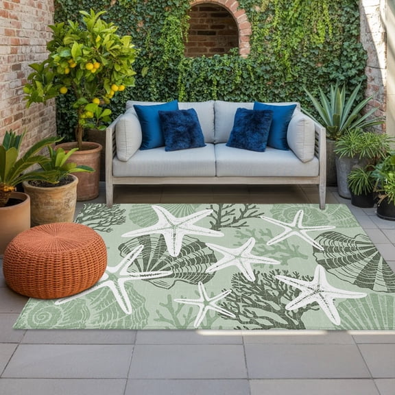 Outdoor Rug 3x5 ft Sage Green Linen Ocean Starfish Outdoor Large Area Rug Non Slip Rubber Coastal Coral Conch Front Door Mat RV Rug Camping Carpet Patio Outdoor Rugs for Backyard Balcony Deck Porch
