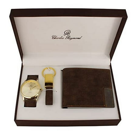 Charles Raymond Men Watch Gift Set Designed for Every Gentleman Gift Set of Watch, Wallet, Keychain in perferct Matching Color Best Birthday Valentine Day Gifts Box for Men (Dark Brown Gold Watch)