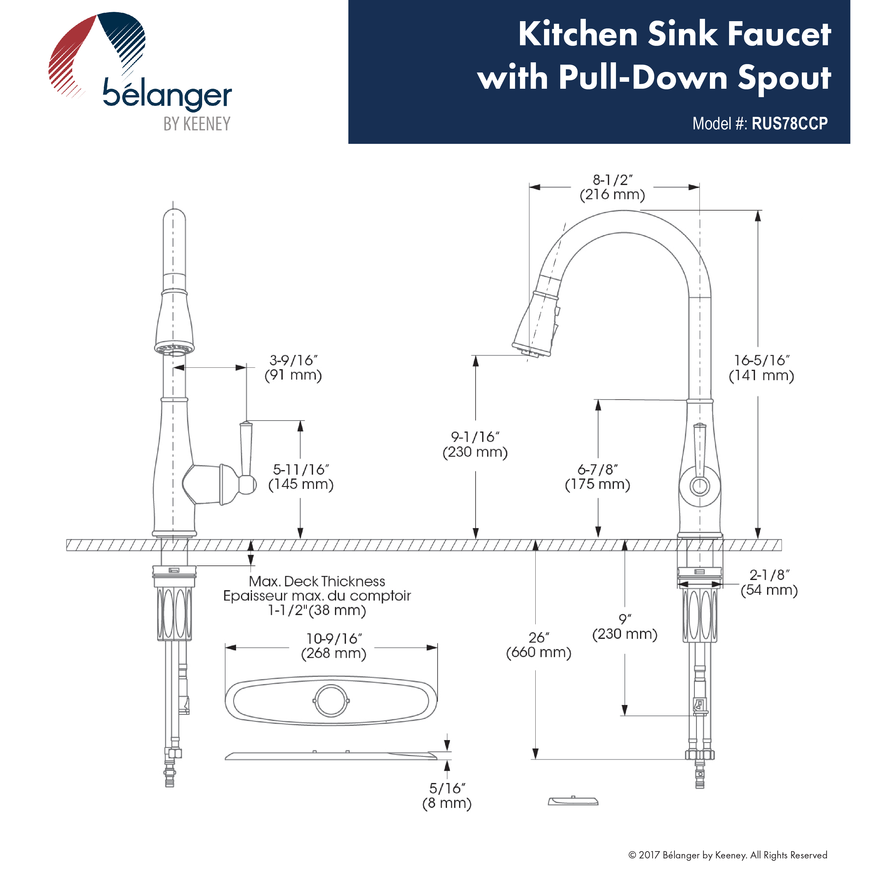 Belanger RUS78CCP Single Handle Pull-Down Kitchen Faucet, Polished Chrome