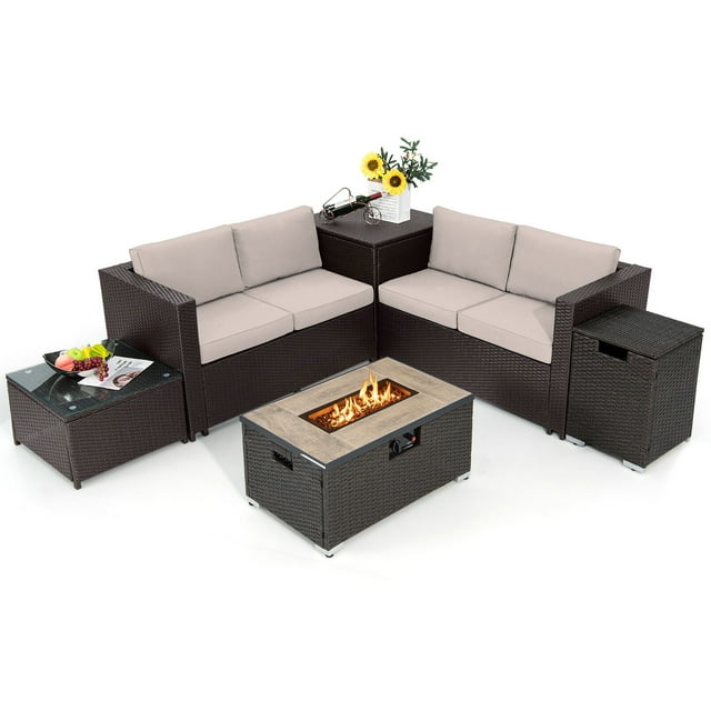 Gymax Ensemble de Canapé de Patio 6 Pcs et Table à Feu, Ensemble de Canapé Sectionnel d'Extérieur en Rotin avec Coffre de Rangement, Beige