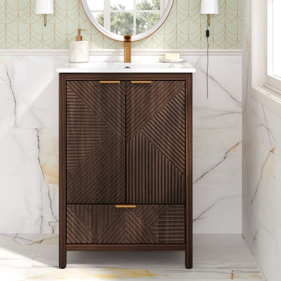 Euroco 24 Inches Bathroom Vanity with Sink Combo, Modern Bathroom Vanity with Single Faucet Hole, Textured Door Panels and a Drawer, Pine Legs, Large Storage Space & Soft Close Hinges, Brown