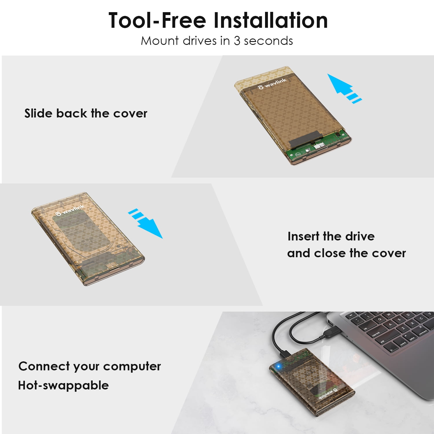 USB 3.0 to SATA External Hard Drive Enclosure for 2.5 inch 5mm/7mm/9.5mm SATA I/II/III HDD/SSD Support UASP Function, Max 4TB Tool-Free Design