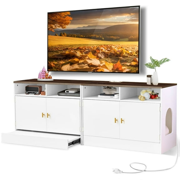 JanflyHome Litter Box Furniture for 2 Cats, 63" Cat Litter Box Enclosure TV Stand Cabinet with Power Outlet, Storage and Sliding Bottom Easy Clean, White & Walnut