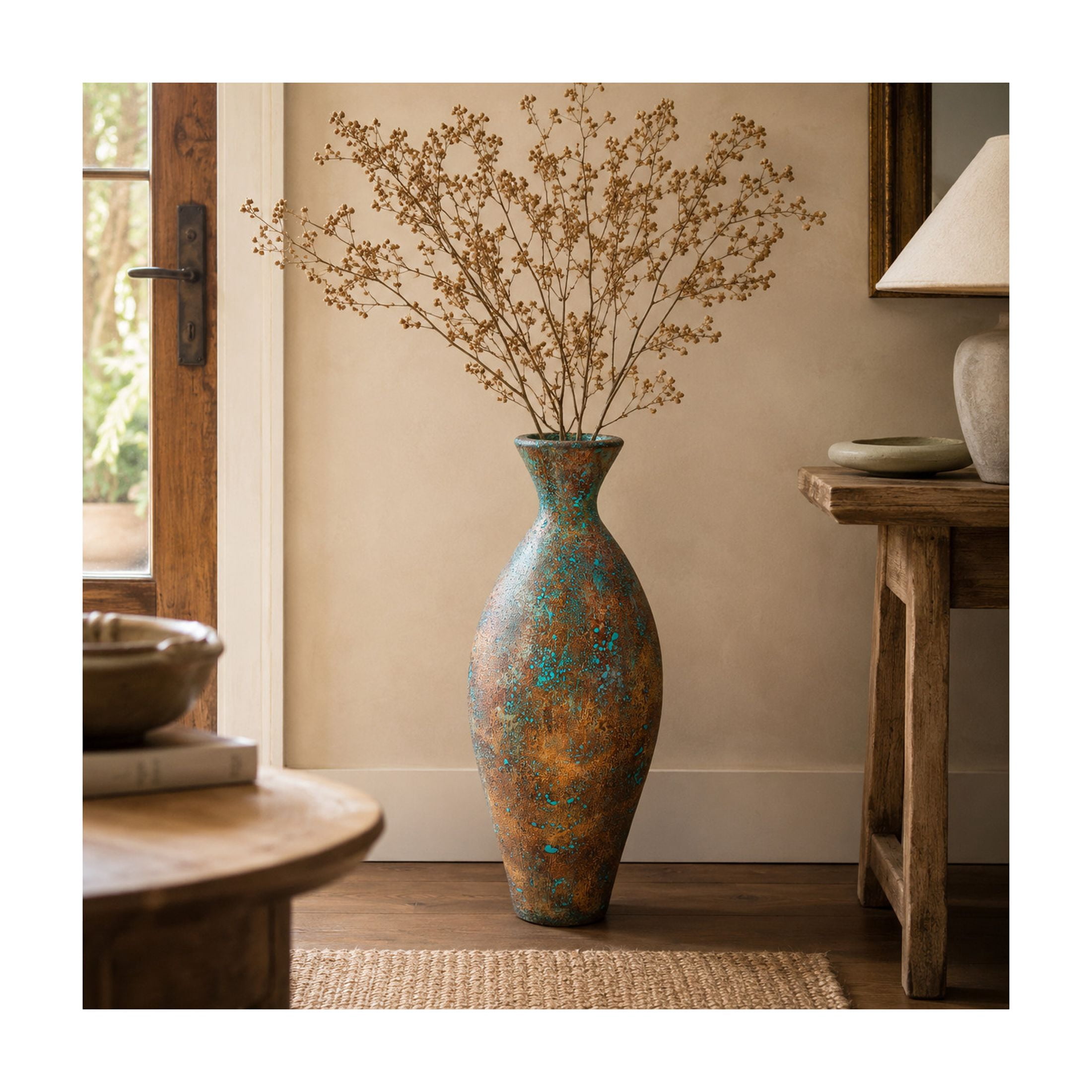 DecMode 31" Tall Distressed Antique Style Green Ceramic Vase