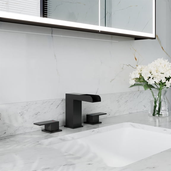 ANGELES HOME Matte Black Bathroom Faucet 3 Hole Widespread 2-Handle Brass Bathroom Sink Faucet with Overflow Pop Up Drain and Waterlines