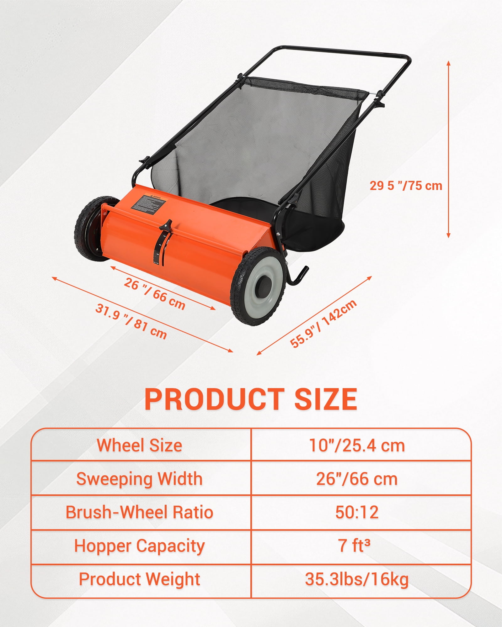 Kselythan Push Lawn Sweeper, 26-Inch with 4 High-Speed Brushes, Heavy-Duty Steel Frame & Large 7 Cu. Ft Hopper Bag,Height Adjustable Silent Push Along for  Yard and Leaf Cleanup