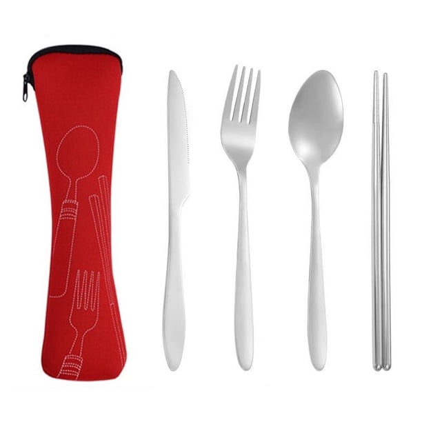 Xiao Hua Vajilla de viaje portátil con estuche, juego de utensilios reutilizables de acero inoxidable con estuche, juego de cubiertos de viaje con estuche (rojo)