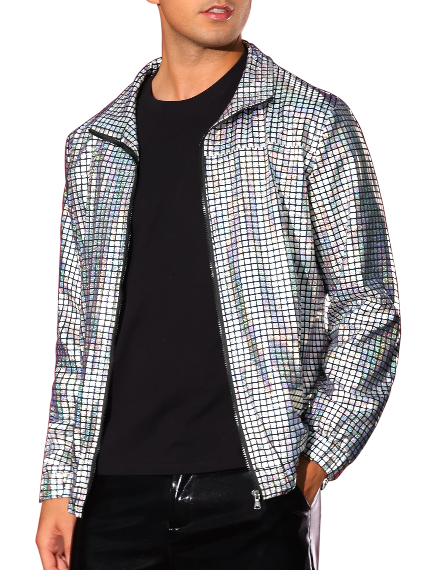 INSPIRE CHIC Holographic Jacket for Men's Metallic Long Sleeve Stand Collar Party Disco Shiny Jackets L Silver