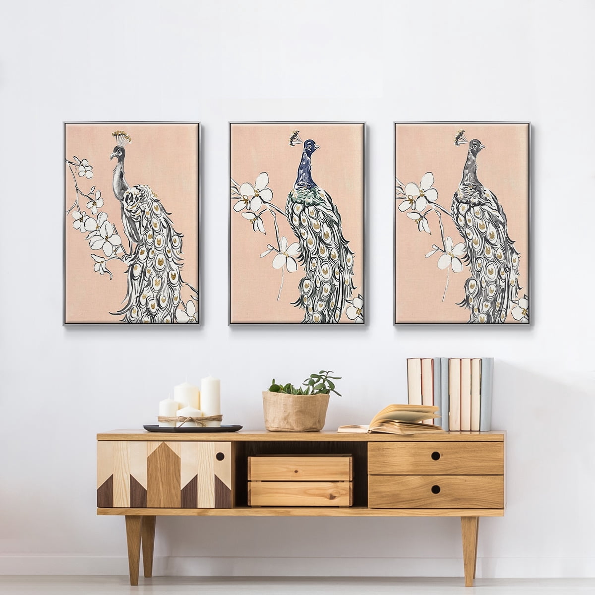 Peacock in Gold I - Framed Premium Gallery Wrapped Canvas L Frame 3 Piece Set - Ready to Hang