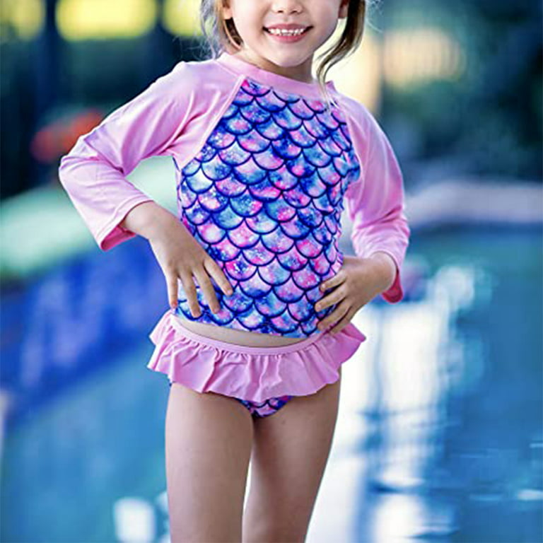 2-10Y Girls Long Sleeve Rash Guard UPF50+ Swimsuit Mermaid Ruffles Two  Pieces Bikini Set