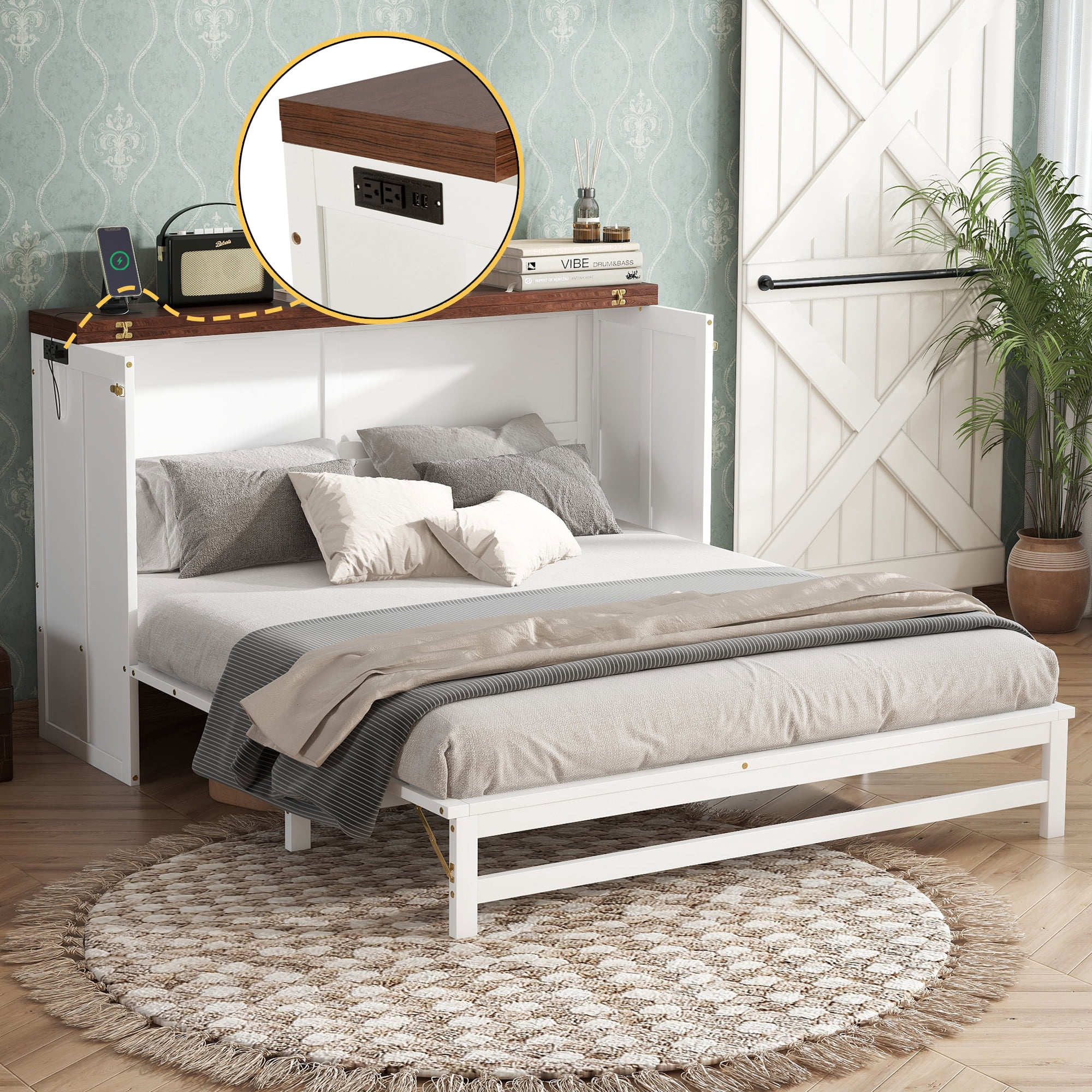 Leumius Queen Size Murphy Bed with Storage Drawer and Charging Station, USB Port, Solid Pine Murphy Bedframe for Home Office Studio or Guest Room White