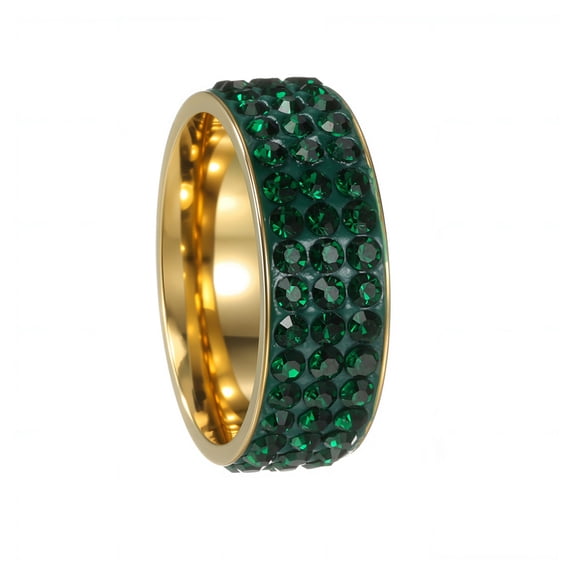 PAMTIER Cubic Zirconia Rings for Men Women Couples Gold Plated Stainless Steel Eternity Band Green Wide 8MM Dainty Statement Jewelry Size 7