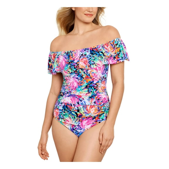 SWIM SOLUTIONS Women's Multi Color Floral Stretch Tummy Control Removable Straps Lined Moderate Coverage Ruffled Off The Shoulder One Piece Swimsuit 10