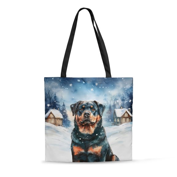 Hello Winter Rottweiler Welcome Snowy Night Watercolor Vintage All Over Print 3D Canvas Tote Bag Rottie Dog Lover Gifts Idea Reusable Handbag - 01011