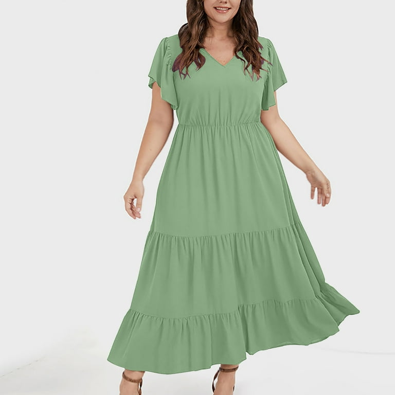 PIMOXV Women's Plus Size Solid Deep V Neck Short Sleeve Tunic Layered Flowy  Swing with Pockets Maxi Dress, Plus Size A Line Dress