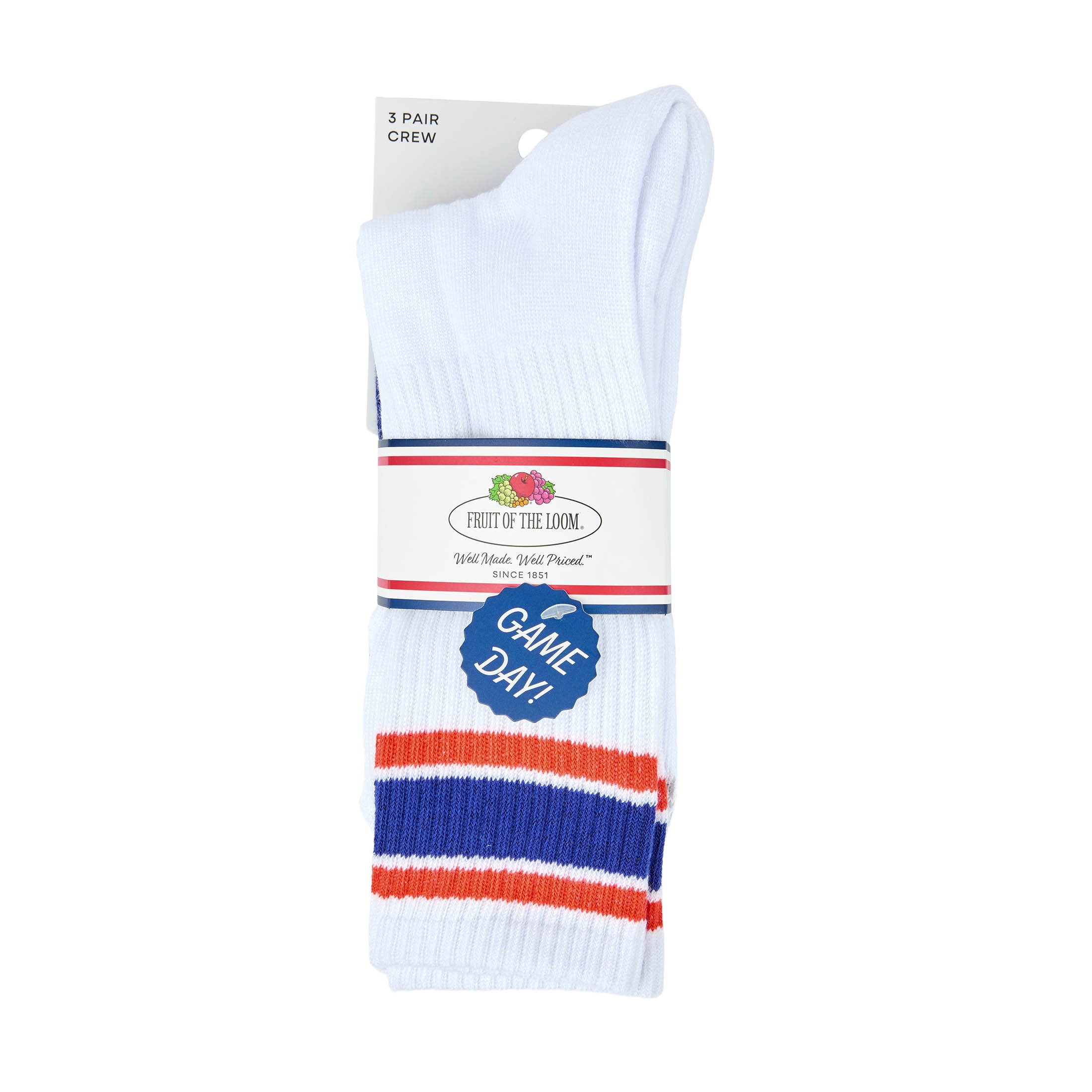 Fruit of the Loom Mens Gameday Crew Socks, 3-Pack, Sock Sizes 6-12