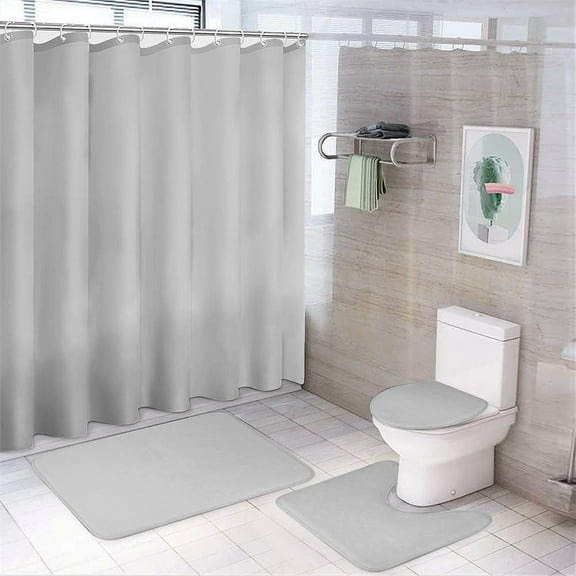 Shower Curtain Set 4 Piece include Shower Curtain and Rugs and Non Slip U Shaped Toilet Rugs Luxury Bathroom Decor Light Gray