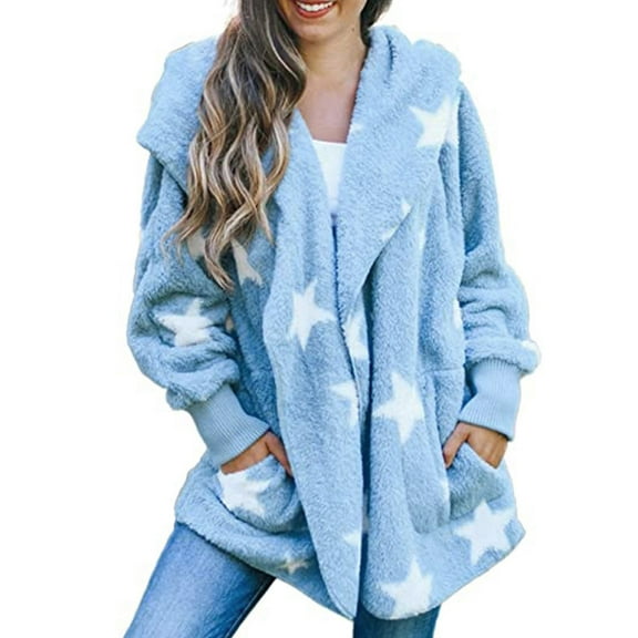 jsaierl Women's Fashion Casual Hooded Pocket Five-pointed Star Cardigan Plush Stitching Jacket Coat