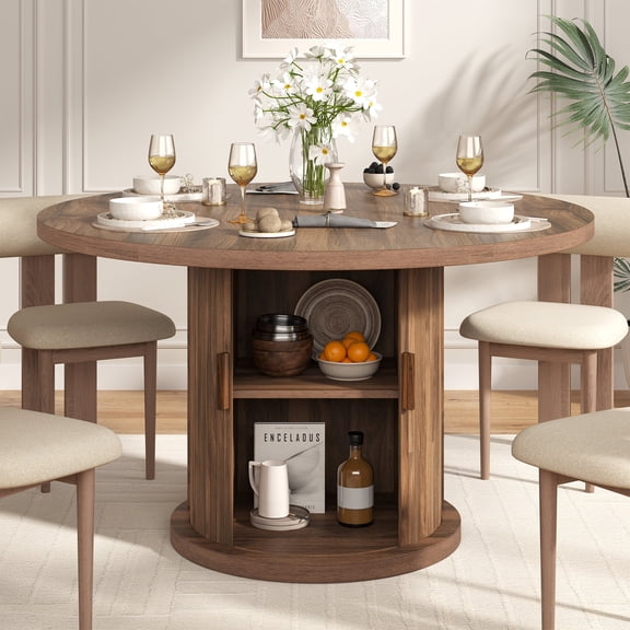 Farmhouse 47" Fluted Round Dining Table with Storage, Wood Grain, Walnut